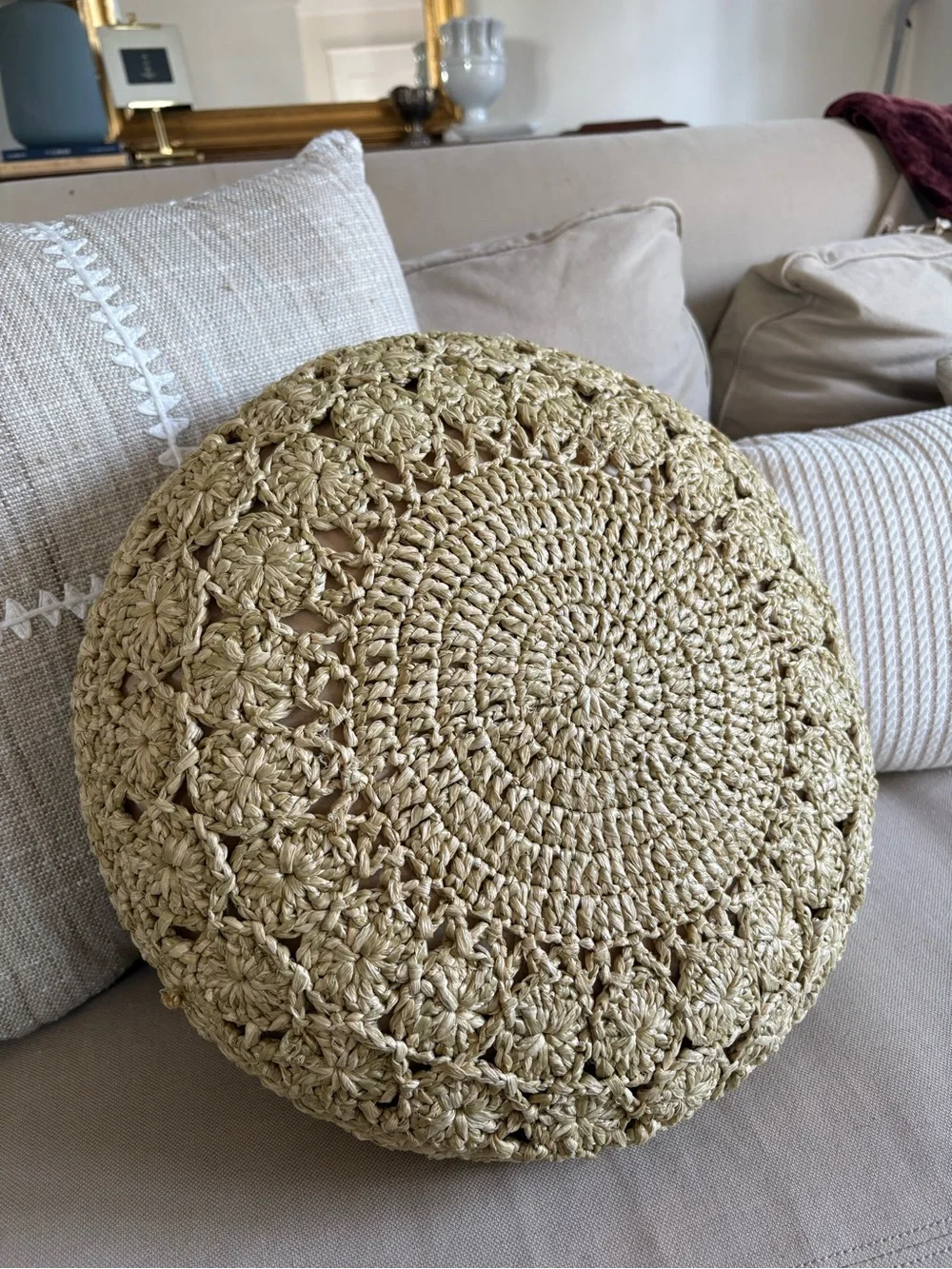 Pottery Barn || Round Crochet Raffia Accent Pillow Beachy Boho Tan Khaki